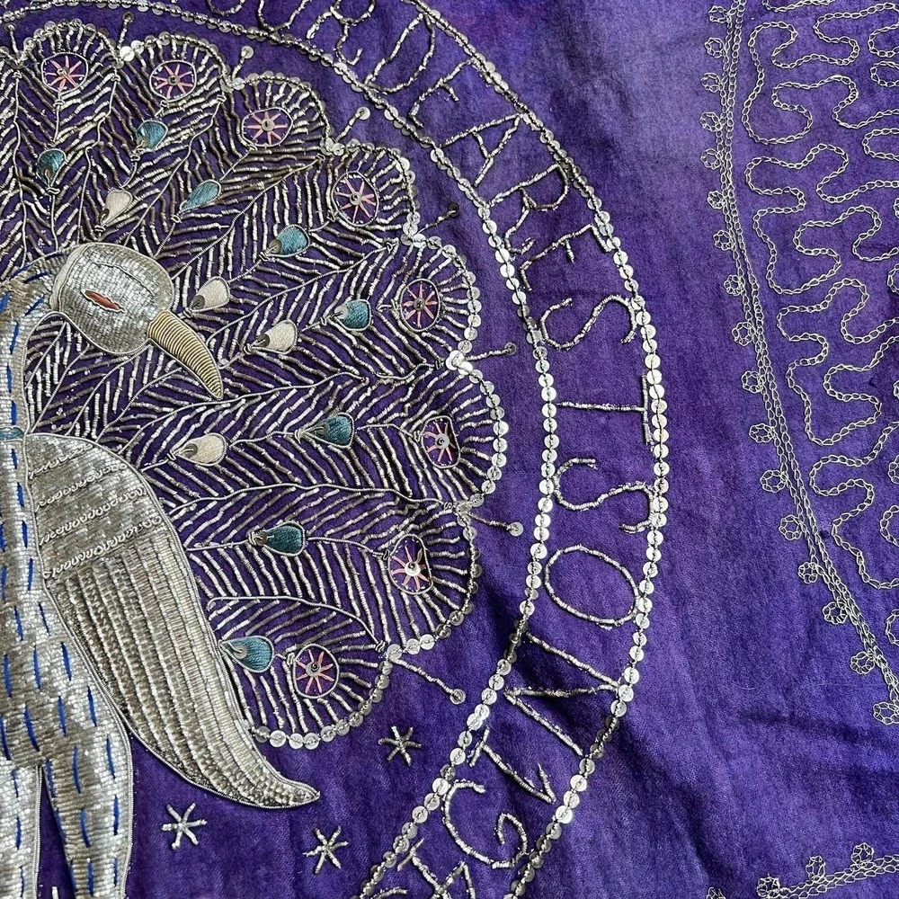 Vtg 1945 Indian Zari Embroidery Peacock Purple Velvet Panel WWII Era Gift 36x35